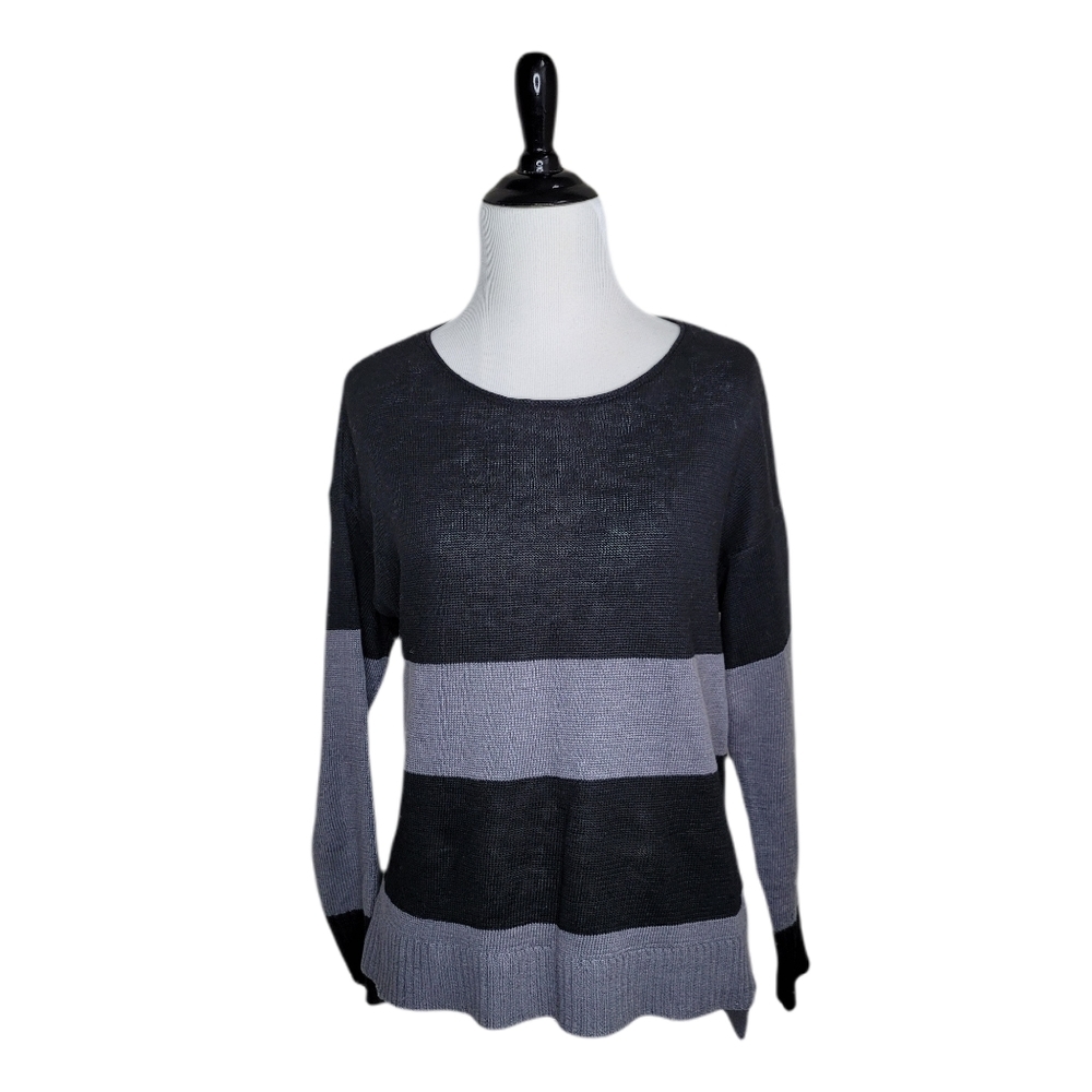 Eileen Fisher black and gray striped linen sweater - Picture 1 of 8